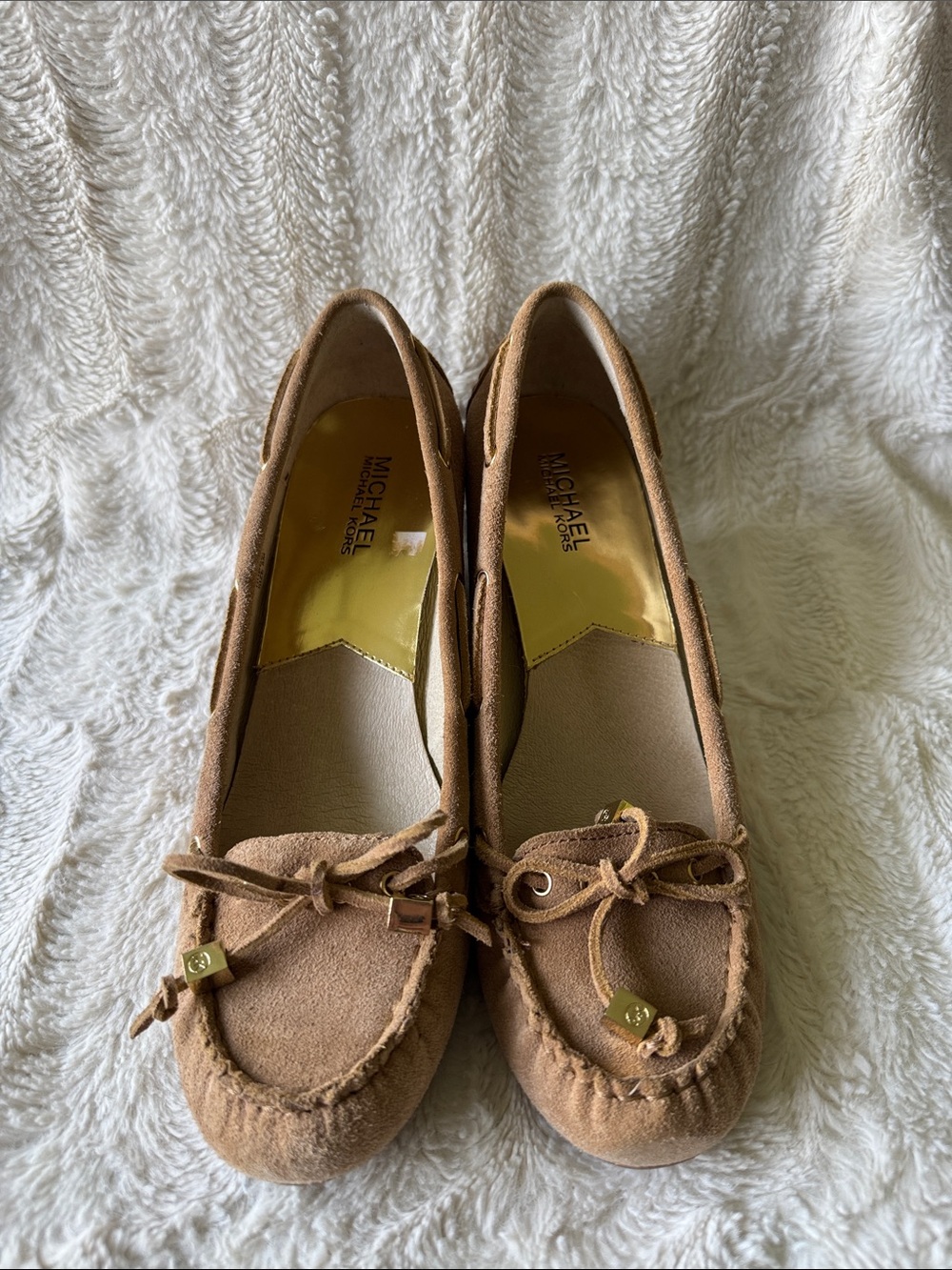 MICHAEL Michael Kors Tan Suede Moccasin Loafers with Bow Accent
